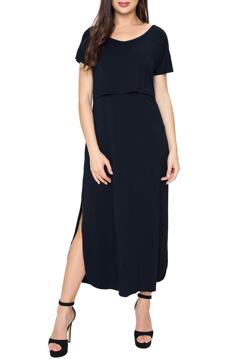Smallshow Women's Maternity Nursing Dresses Split Long Dress for Breastfeeding Medium Black - Image 4